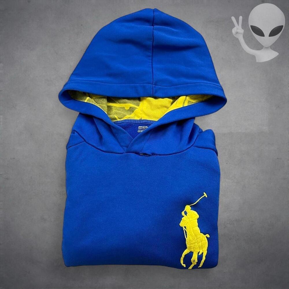 Polo Ralph Lauren Extra Large Royal Blue Big Pony Hoodie Yellow Contrast Fleece - Picture 2 of 8
